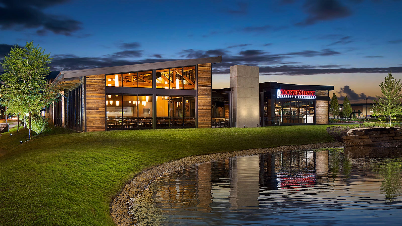 The exterior and lawn of the Oak Park, Ill. location of Cooper’s Hawk Winery and Restaurant.